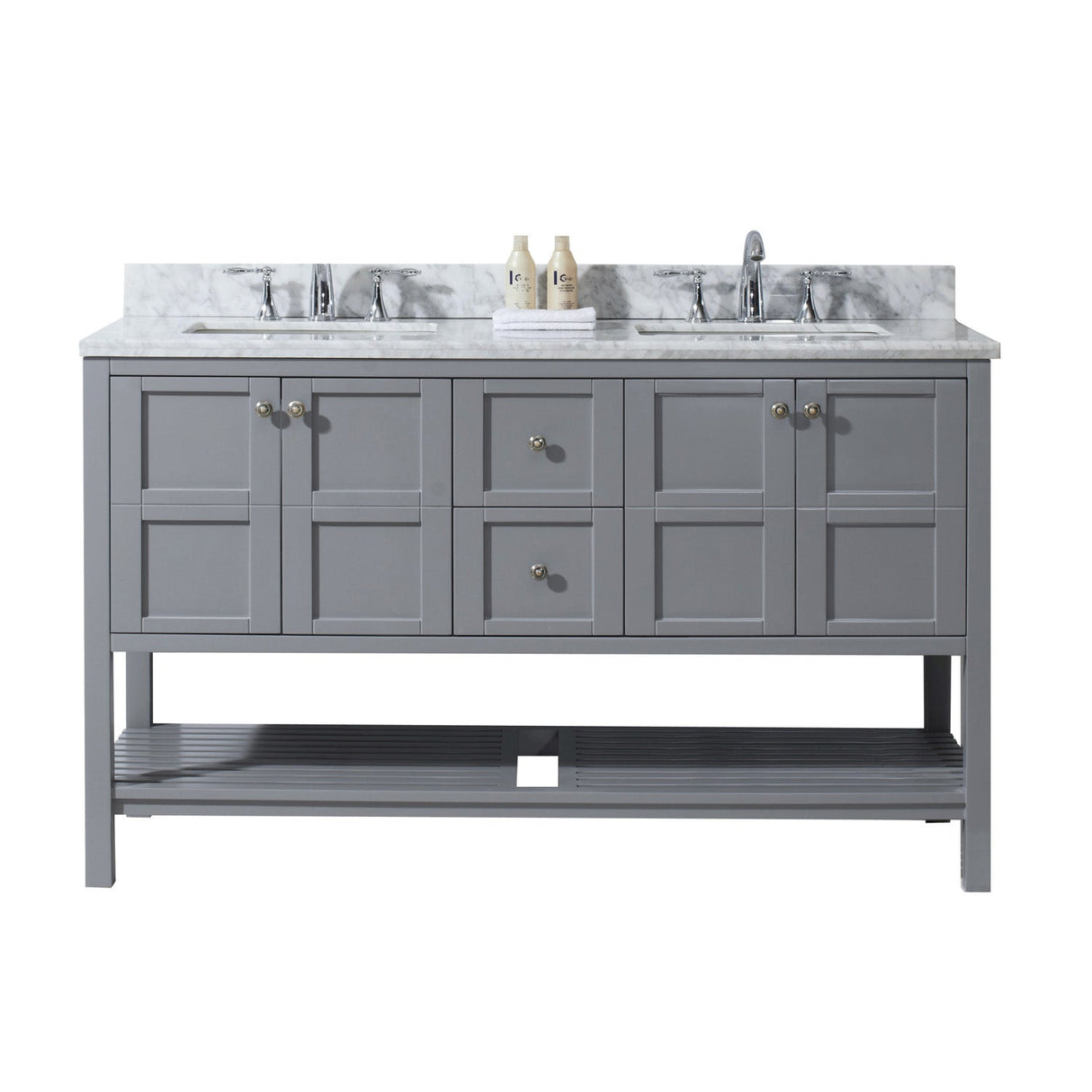 Virtu USA Winterfell 60" Double Bath Vanity with White Marble Top and Square Sinks with Brushed Nickel Faucets with Matching Mirror