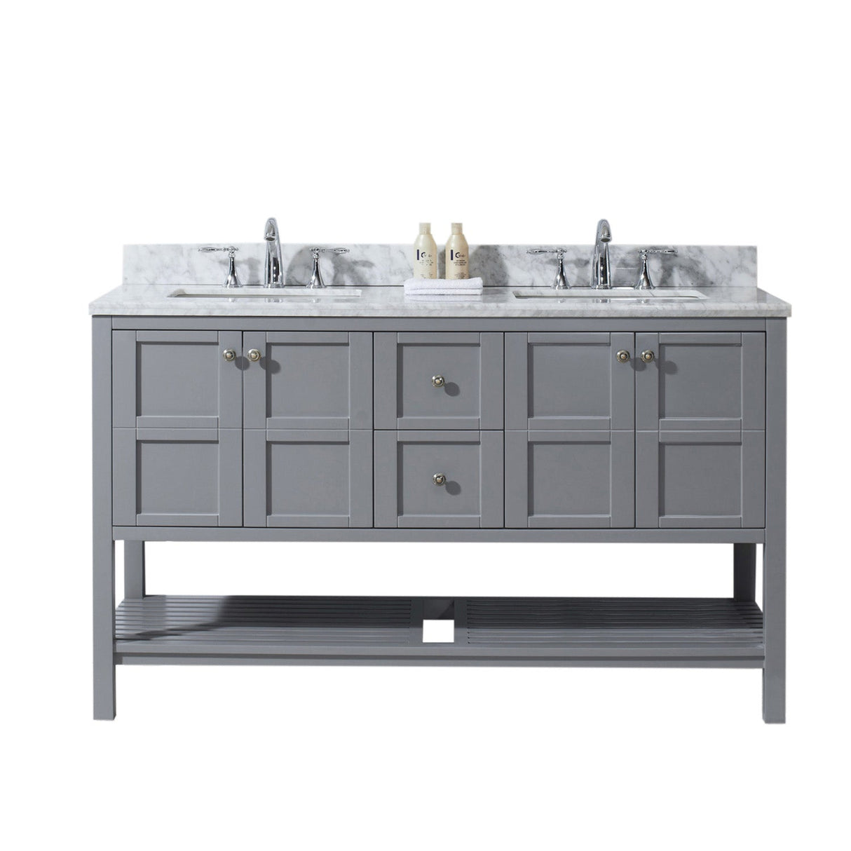 Virtu USA Winterfell 60" Double Bath Vanity with Marble Top and Square Sink with Polished Chrome Faucet - Luxe Bathroom Vanities