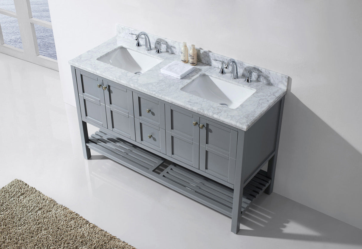 Virtu USA Winterfell 60" Double Bath Vanity with White Marble Top and Square Sinks