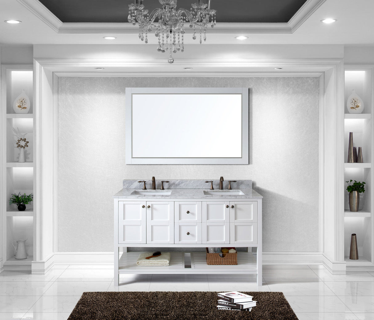 Virtu USA Winterfell 60" Double Bath Vanity with White Marble Top and Square Sinks with Brushed Nickel Faucets with Matching Mirror