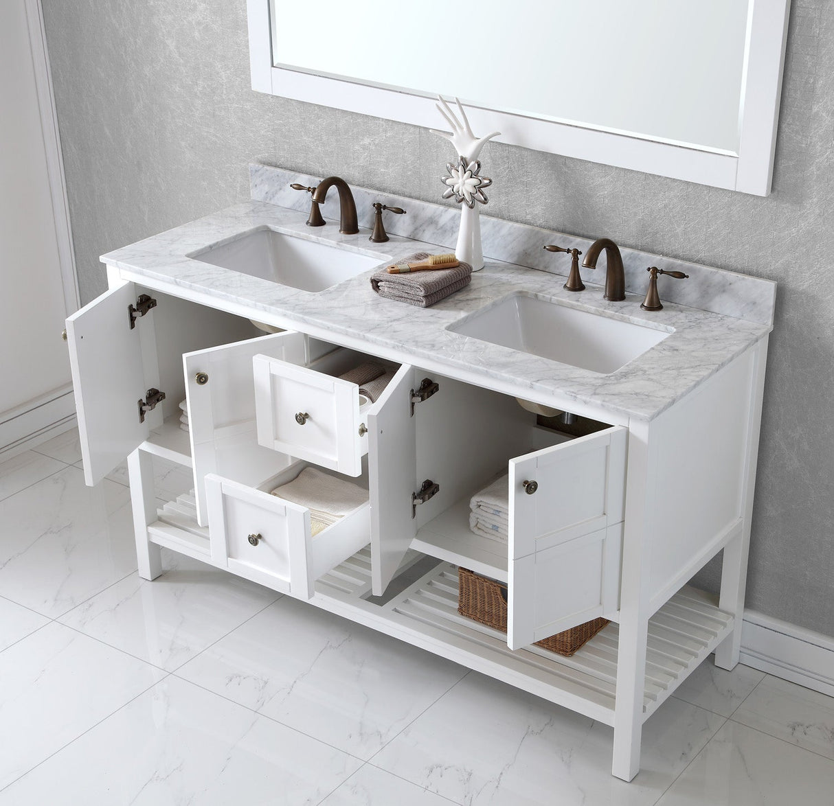 Virtu USA Winterfell 60" Double Bath Vanity with White Marble Top and Square Sinks with Brushed Nickel Faucets with Matching Mirror