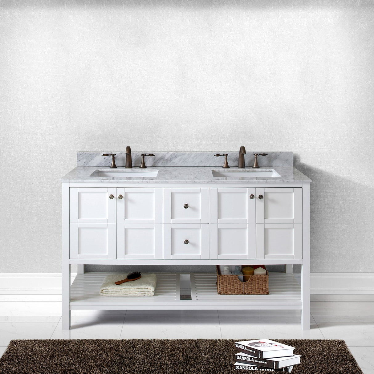 Virtu USA Winterfell 60" Double Bath Vanity with White Marble Top and Square Sinks with Brushed Nickel Faucets