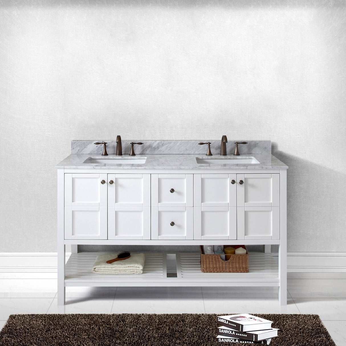 Virtu USA Winterfell 60" Double Bath Vanity with White Marble Top and Square Sinks