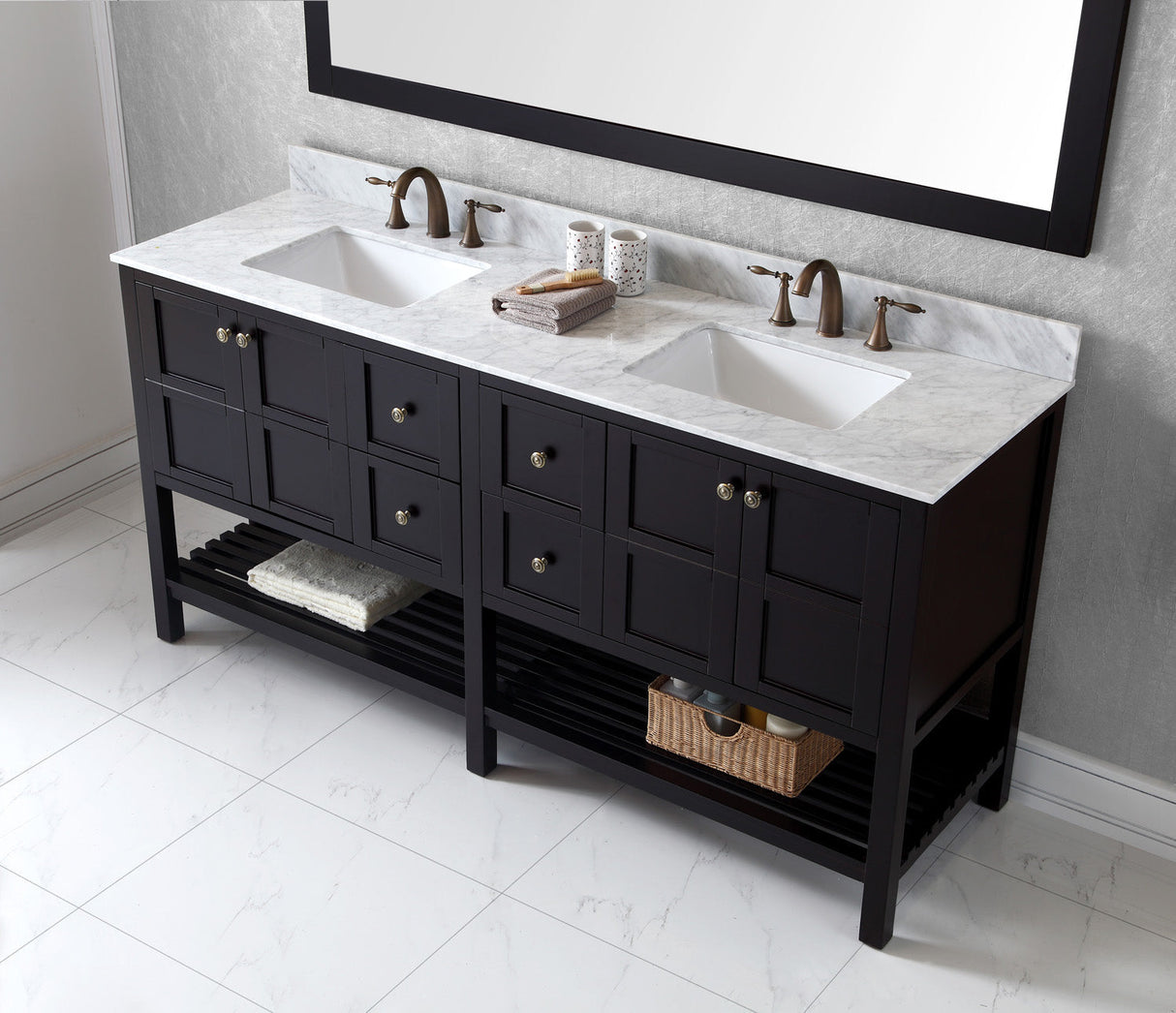 Virtu USA Winterfell 72" Double Bath Vanity with White Marble Top and Square Sinks with Brushed Nickel Faucets with Matching Mirror