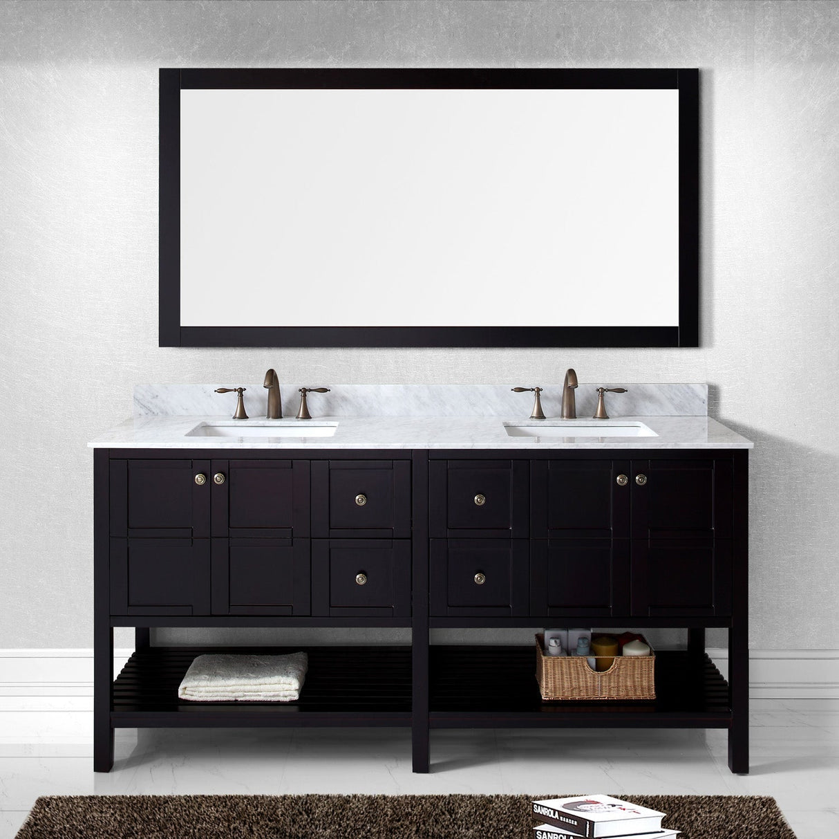 Virtu USA Winterfell 72" Double Bath Vanity with White Marble Top and Square Sinks with Polished Chrome Faucets with Matching Mirror