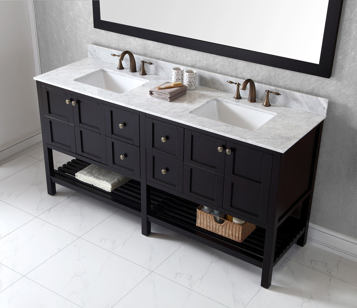 Virtu USA Winterfell 72" Double Bath Vanity with White Marble Top and Square Sinks with Polished Chrome Faucets with Matching Mirror