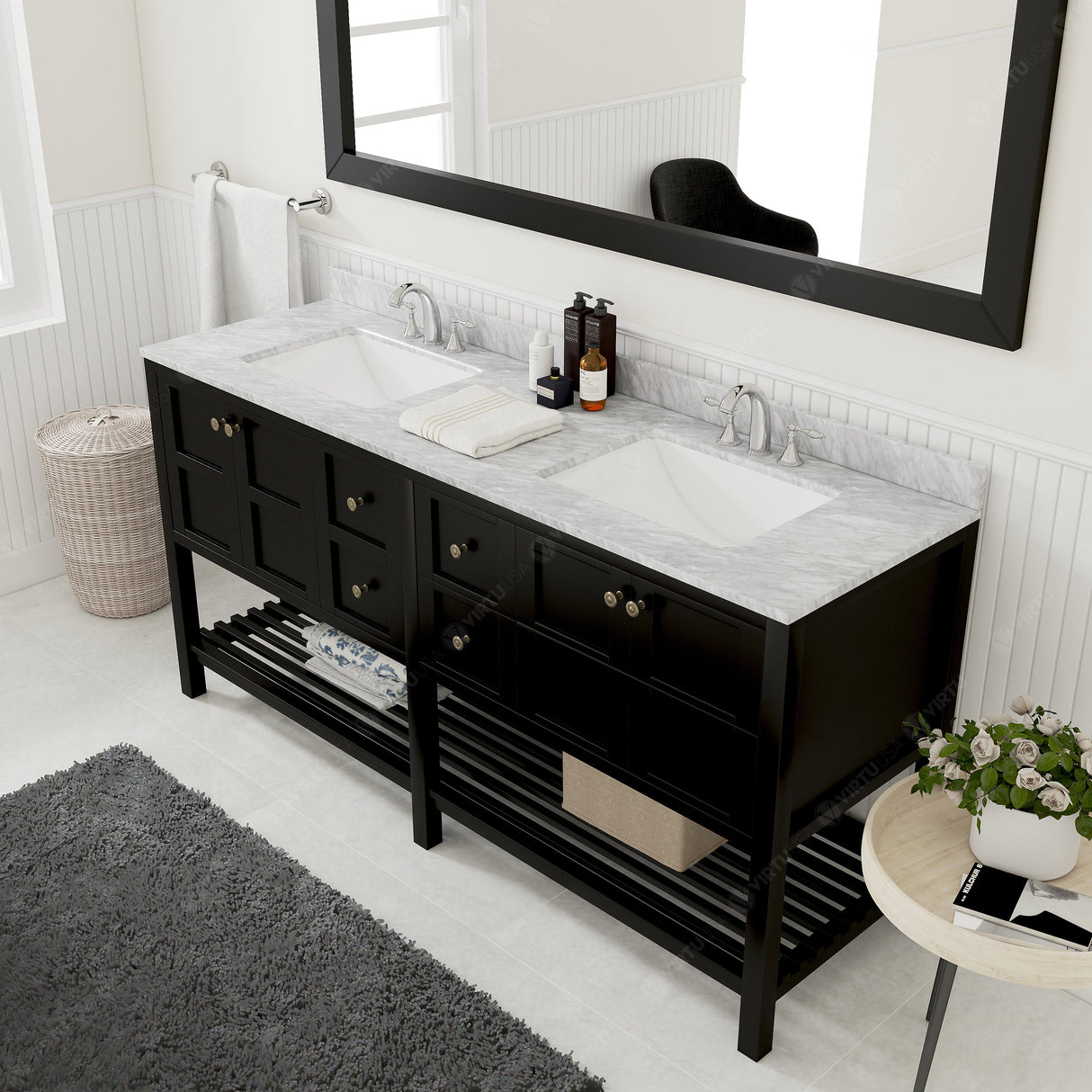 Virtu USA Winterfell 72" Double Bath Vanity with White Marble Top and Square Sinks with Matching Mirror