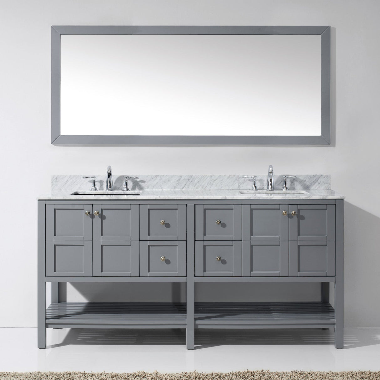 Virtu USA Winterfell 72" Double Bath Vanity with White Marble Top and Square Sinks with Brushed Nickel Faucets with Matching Mirror