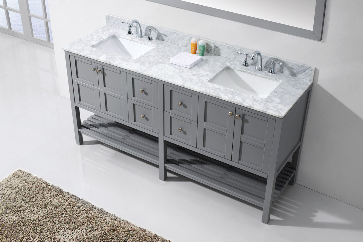 Virtu USA Winterfell 72" Double Bath Vanity with White Marble Top and Square Sinks with Brushed Nickel Faucets with Matching Mirror