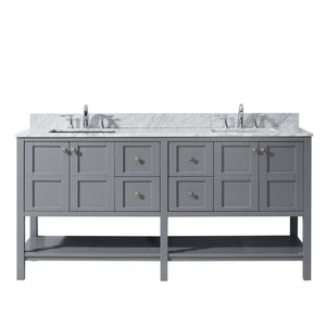 Virtu USA Winterfell 72" Double Bath Vanity with White Marble Top and Square Sinks with Polished Chrome Faucets with Matching Mirror