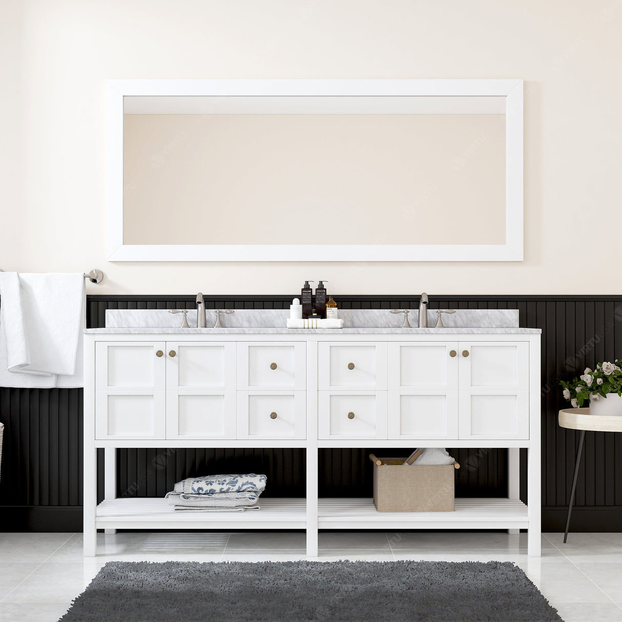 Virtu USA Winterfell 72" Double Bath Vanity with White Marble Top and Square Sinks with Brushed Nickel Faucets with Matching Mirror