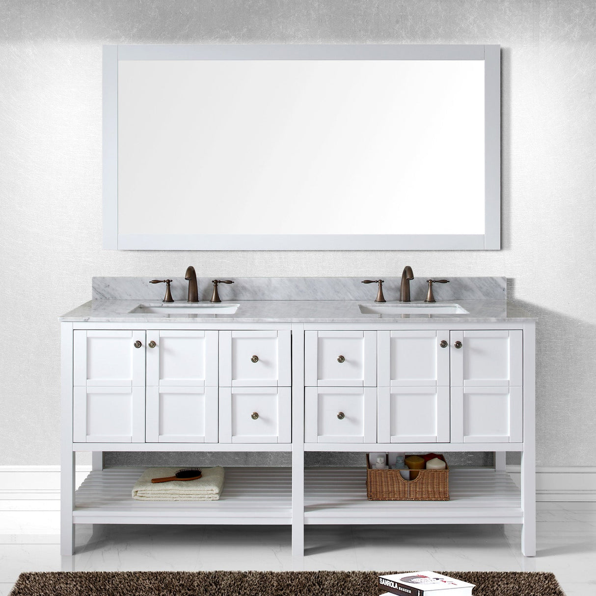 Virtu USA Winterfell 72" Double Bath Vanity with White Marble Top and Square Sinks with Matching Mirror