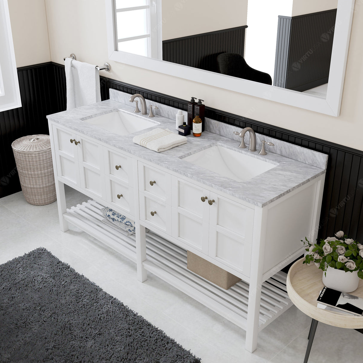 Virtu USA Winterfell 72" Double Bath Vanity with White Marble Top and Square Sinks with Matching Mirror