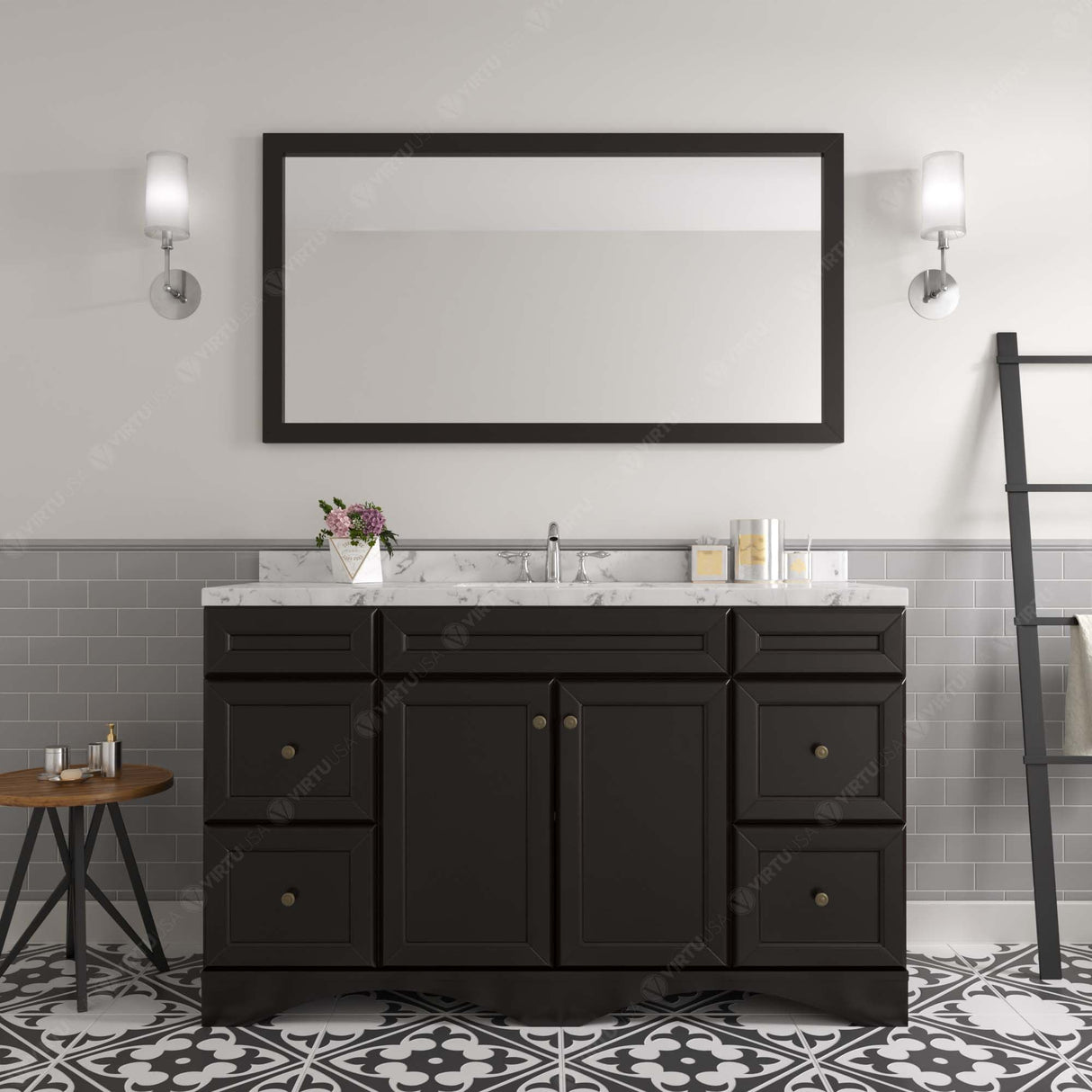 Virtu USA Talisa 60" Single Bath Vanity with White Quartz Top and Round Sink with Polished Chrome Faucet with Matching Mirror