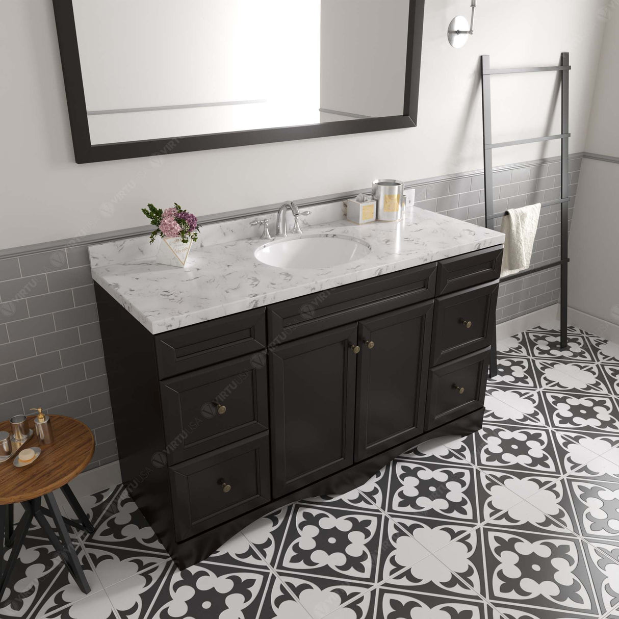 Virtu USA Talisa 60" Single Bath Vanity with White Quartz Top and Round Sink with Matching Mirror