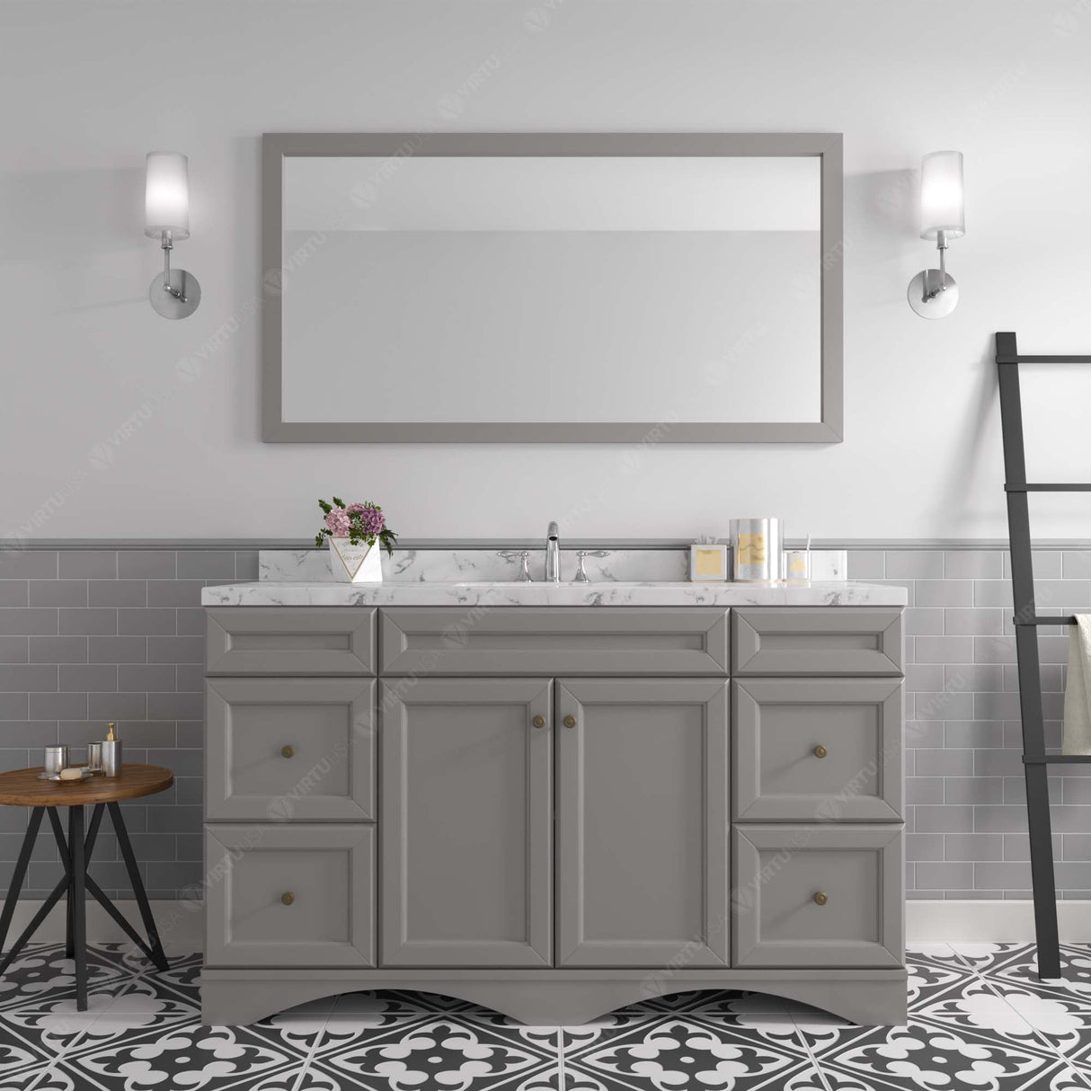 Virtu USA Talisa 60" Single Bath Vanity with White Quartz Top and Round Sink with Matching Mirror