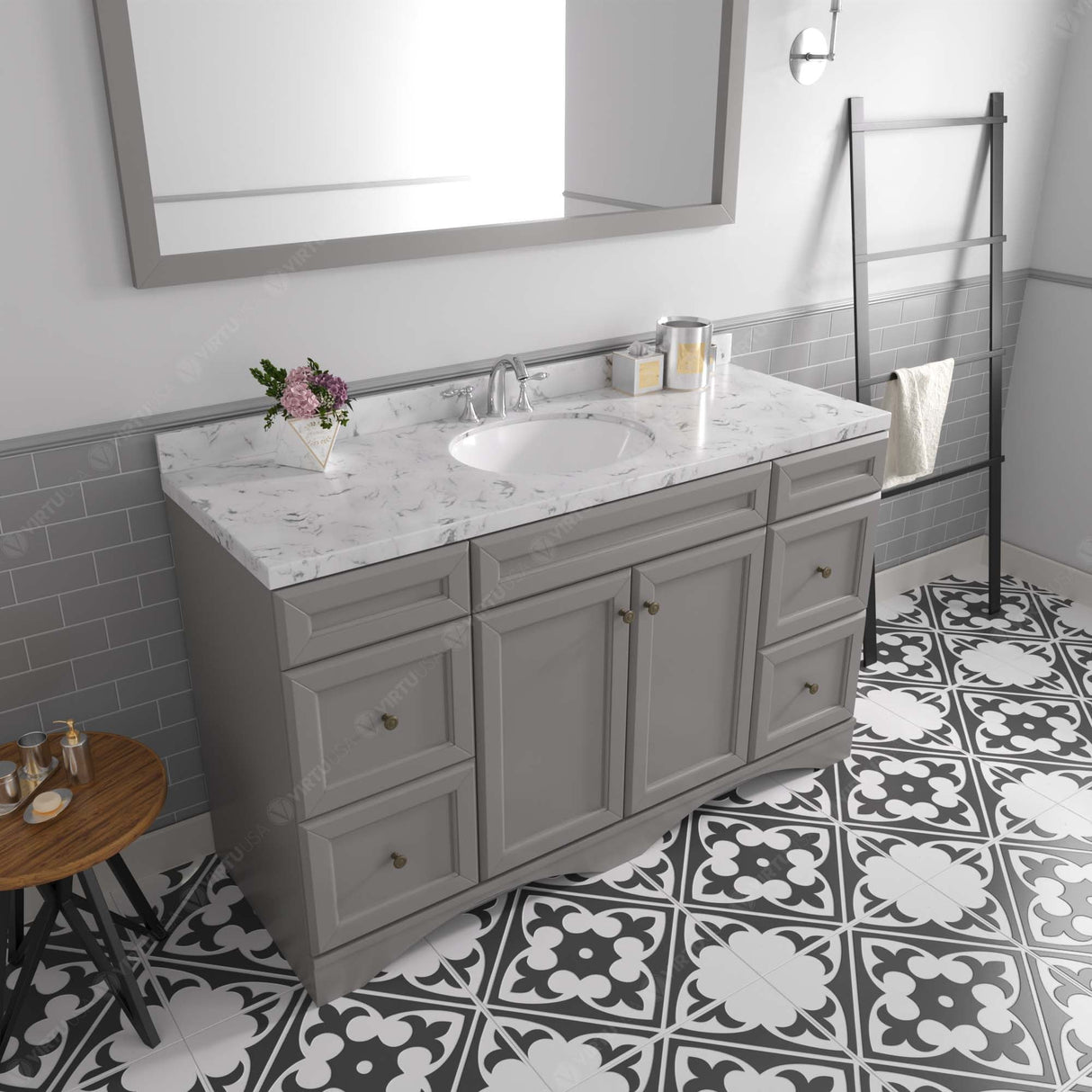 Virtu USA Talisa 60" Single Bath Vanity with White Quartz Top and Round Sink with Polished Chrome Faucet with Matching Mirror