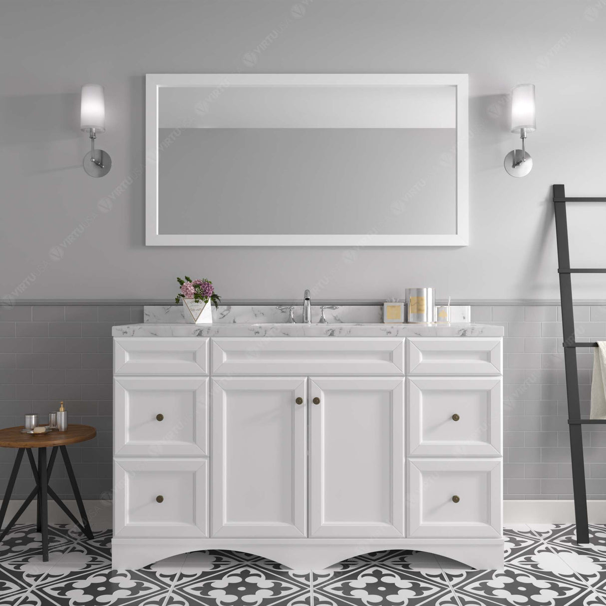 Virtu USA Talisa 60" Single Bath Vanity with White Quartz Top and Round Sink with Polished Chrome Faucet with Matching Mirror