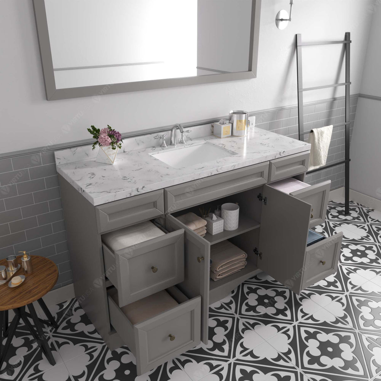 Virtu USA Talisa 60" Single Bath Vanity with White Quartz Top and Square Sink with Polished Chrome Faucet with Matching Mirror