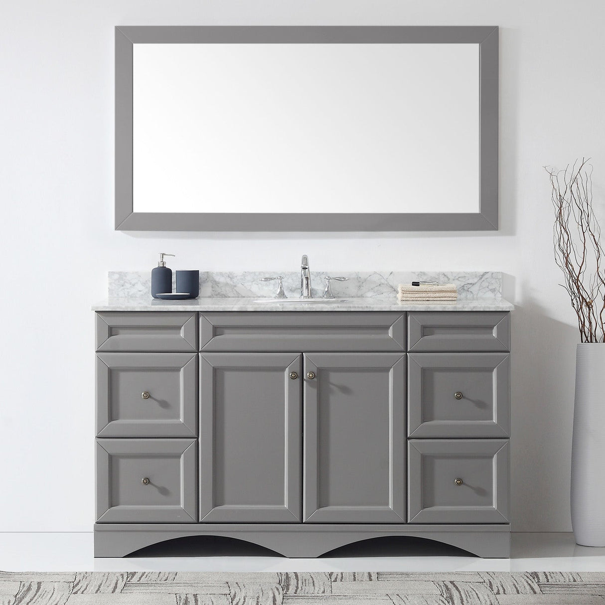 Virtu USA Talisa 60" Single Bath Vanity with White Marble Top and Round Sink with Brushed Nickel Faucet with Matching Mirror