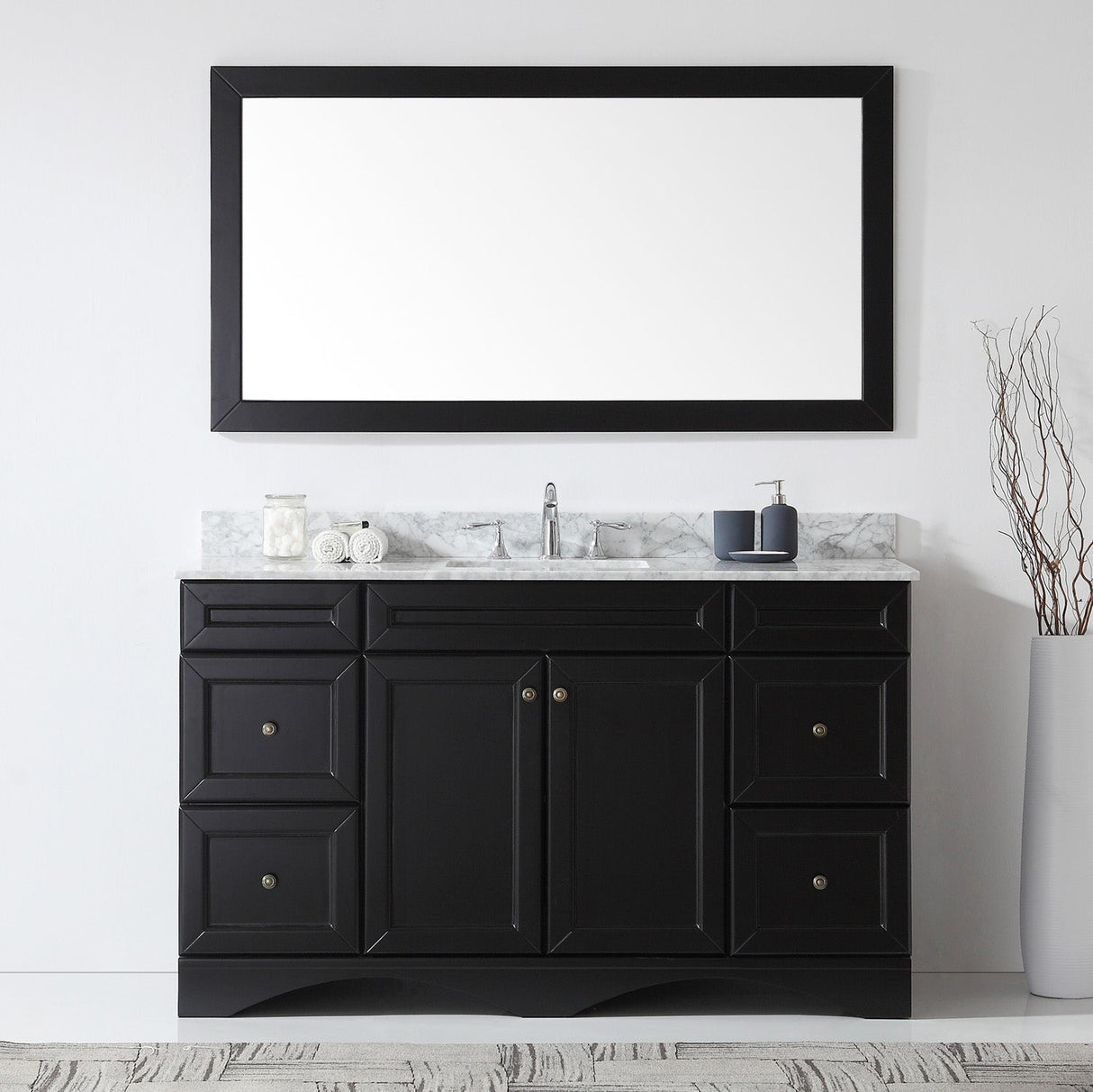 Virtu USA Talisa 60" Single Bath Vanity with White Marble Top and Square Sink with Polished Chrome Faucet with Matching Mirror