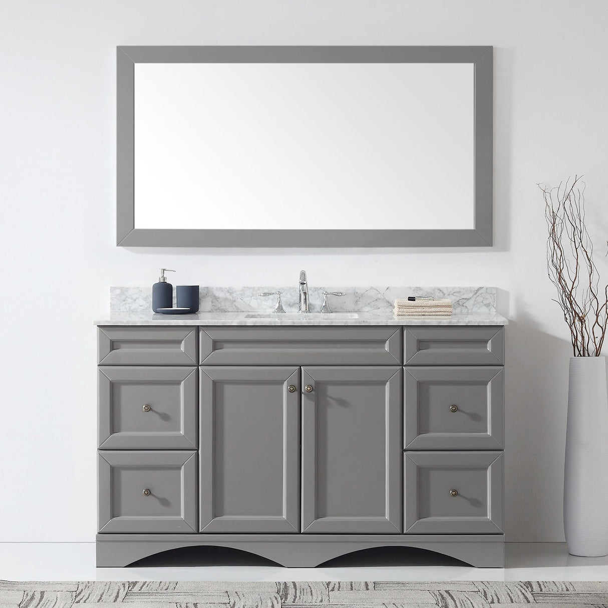 Virtu USA Talisa 60" Single Bath Vanity with White Marble Top and Square Sink with Brushed Nickel Faucet with Matching Mirror