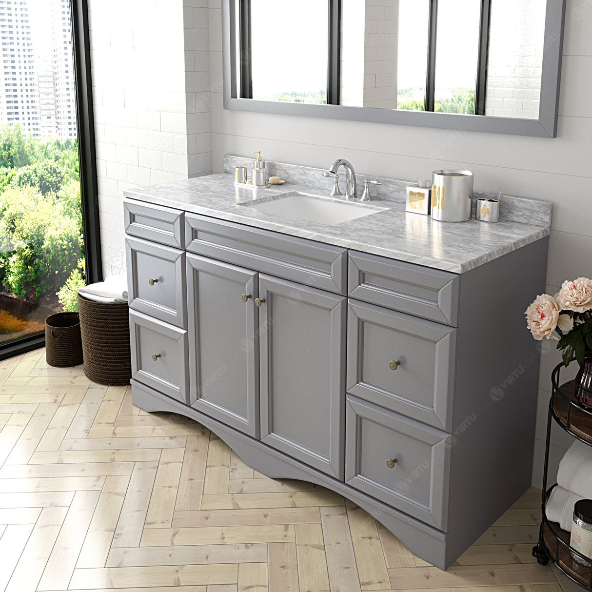 Virtu USA Talisa 60" Single Bath Vanity with White Marble Top and Square Sink with Brushed Nickel Faucet with Matching Mirror