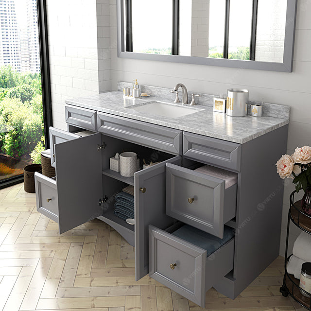 Virtu USA Talisa 60" Single Bath Vanity with White Marble Top and Square Sink with Polished Chrome Faucet with Matching Mirror