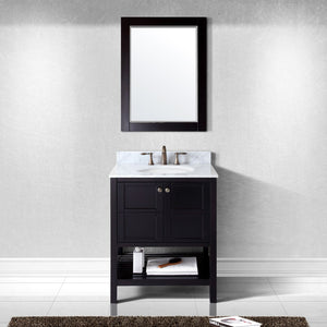 Virtu USA Winterfell 30" Single Bath Vanity with White Marble Top and Round Sink with Matching Mirror