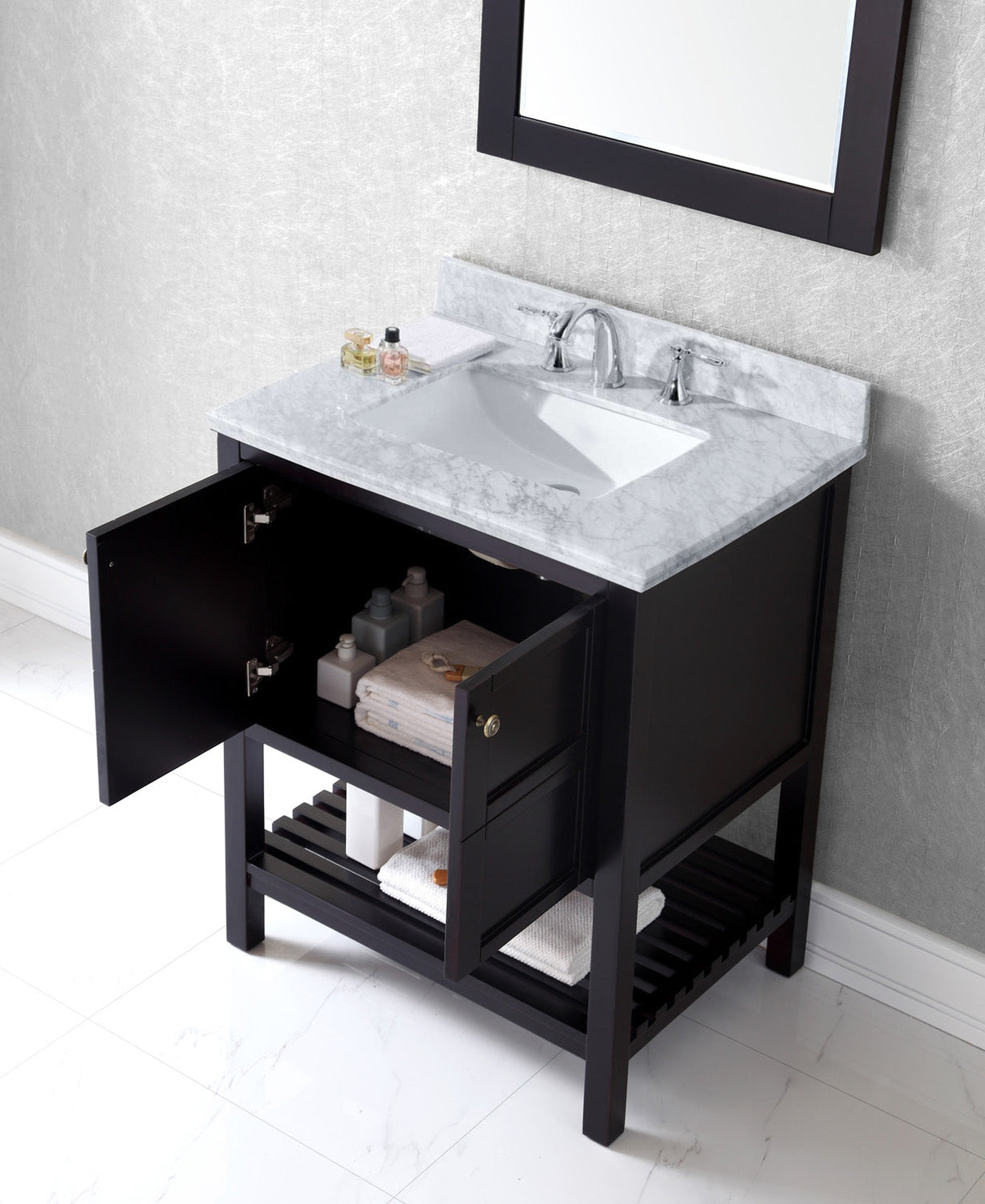 Virtu USA Winterfell 30" Single Bath Vanity with White Marble Top and Square Sink with Brushed Nickel Faucet with Matching Mirror