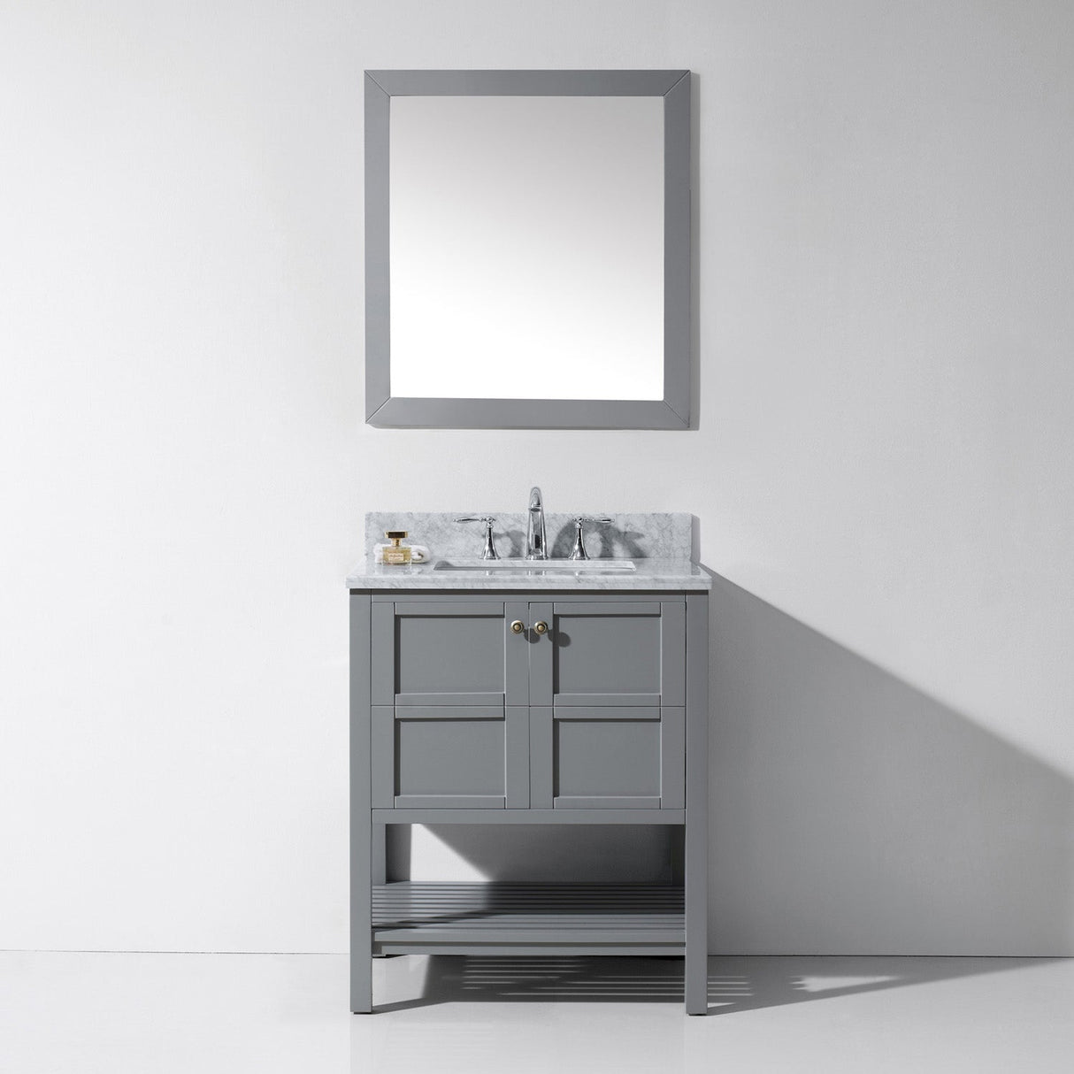 Virtu USA Winterfell 30" Single Bath Vanity with White Marble Top and Square Sink with Polished Chrome Faucet with Matching Mirror