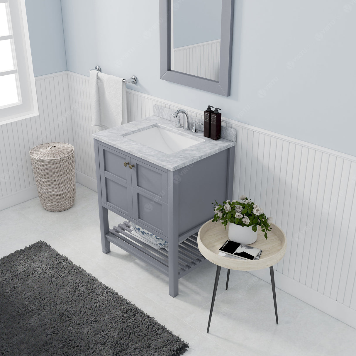 Virtu USA Winterfell 30" Single Bath Vanity with White Marble Top and Square Sink with Brushed Nickel Faucet with Matching Mirror