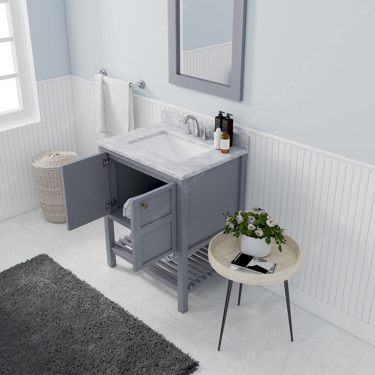 Virtu USA Winterfell 30" Single Bath Vanity with White Marble Top and Square Sink with Polished Chrome Faucet with Matching Mirror