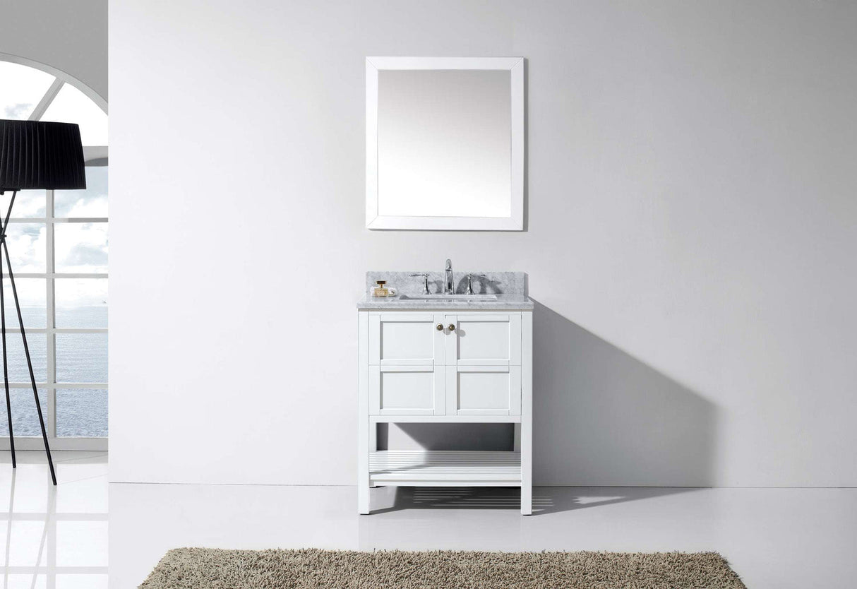 Virtu USA Winterfell 30" Single Bath Vanity with White Marble Top and Square Sink with Polished Chrome Faucet with Matching Mirror