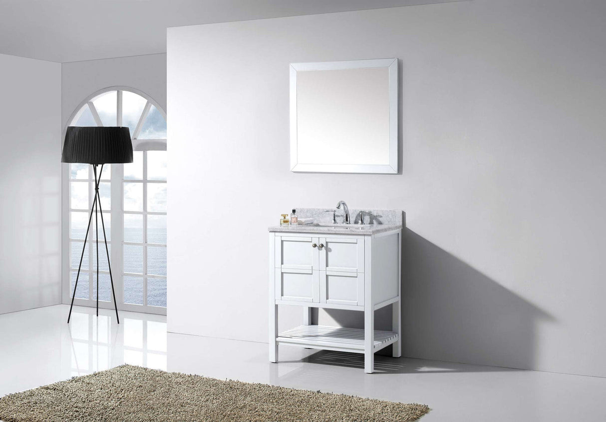 Virtu USA Winterfell 30" Single Bath Vanity with White Marble Top and Square Sink with Polished Chrome Faucet with Matching Mirror