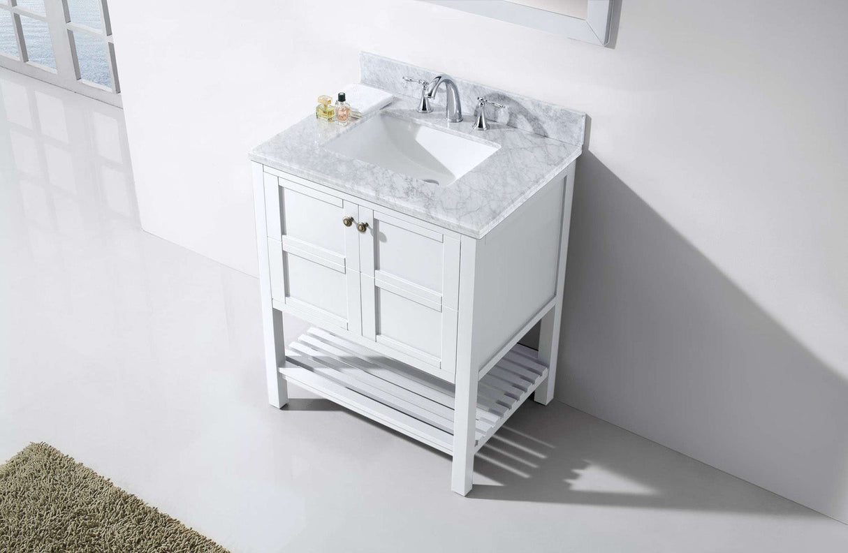 Virtu USA Winterfell 30" Single Bath Vanity with White Marble Top and Square Sink with Polished Chrome Faucet with Matching Mirror