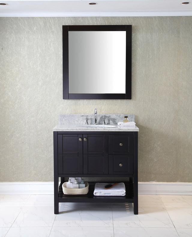 Virtu USA Winterfell 36" Single Bath Vanity with White Marble Top and Round Sink with Matching Mirror