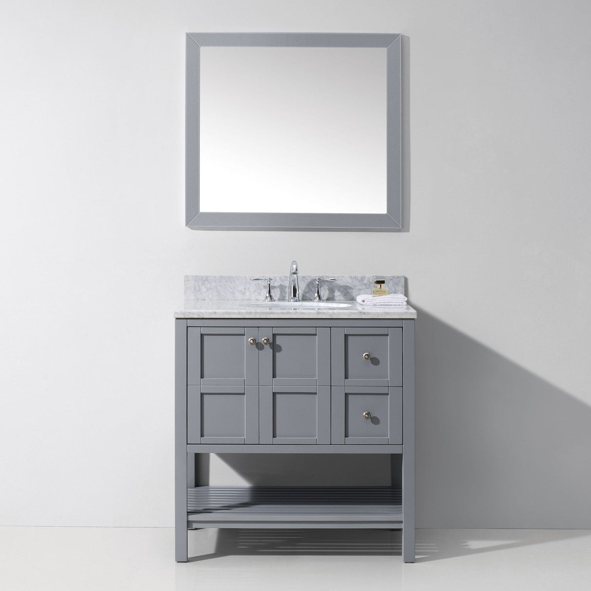 Virtu USA Winterfell 36" Single Bath Vanity with White Marble Top and Round Sink with Matching Mirror