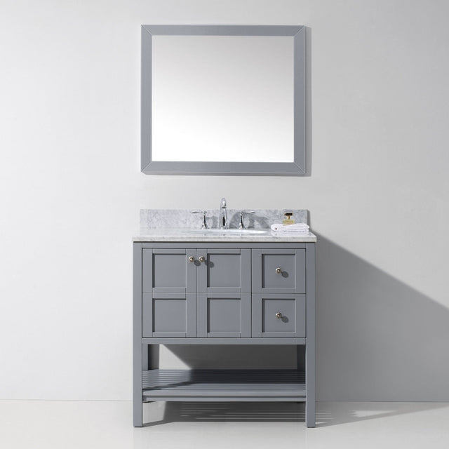 Virtu USA Winterfell 36" Single Bath Vanity with White Marble Top and Round Sink with Matching Mirror