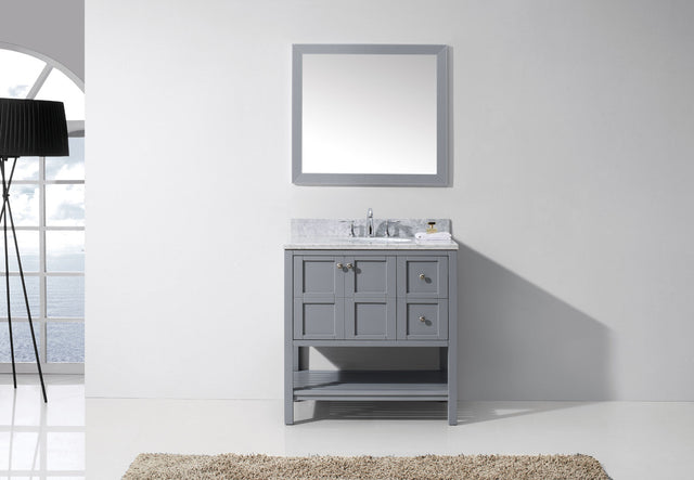 Virtu USA Winterfell 36" Single Bath Vanity with White Marble Top and Round Sink with Matching Mirror