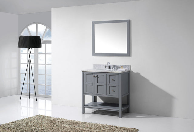 Virtu USA Winterfell 36" Single Bath Vanity with White Marble Top and Round Sink with Matching Mirror