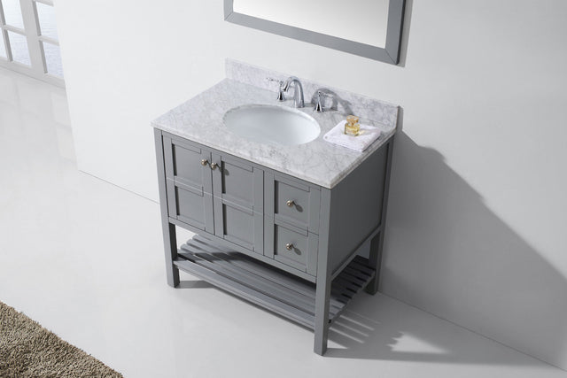 Virtu USA Winterfell 36" Single Bath Vanity with White Marble Top and Round Sink with Matching Mirror