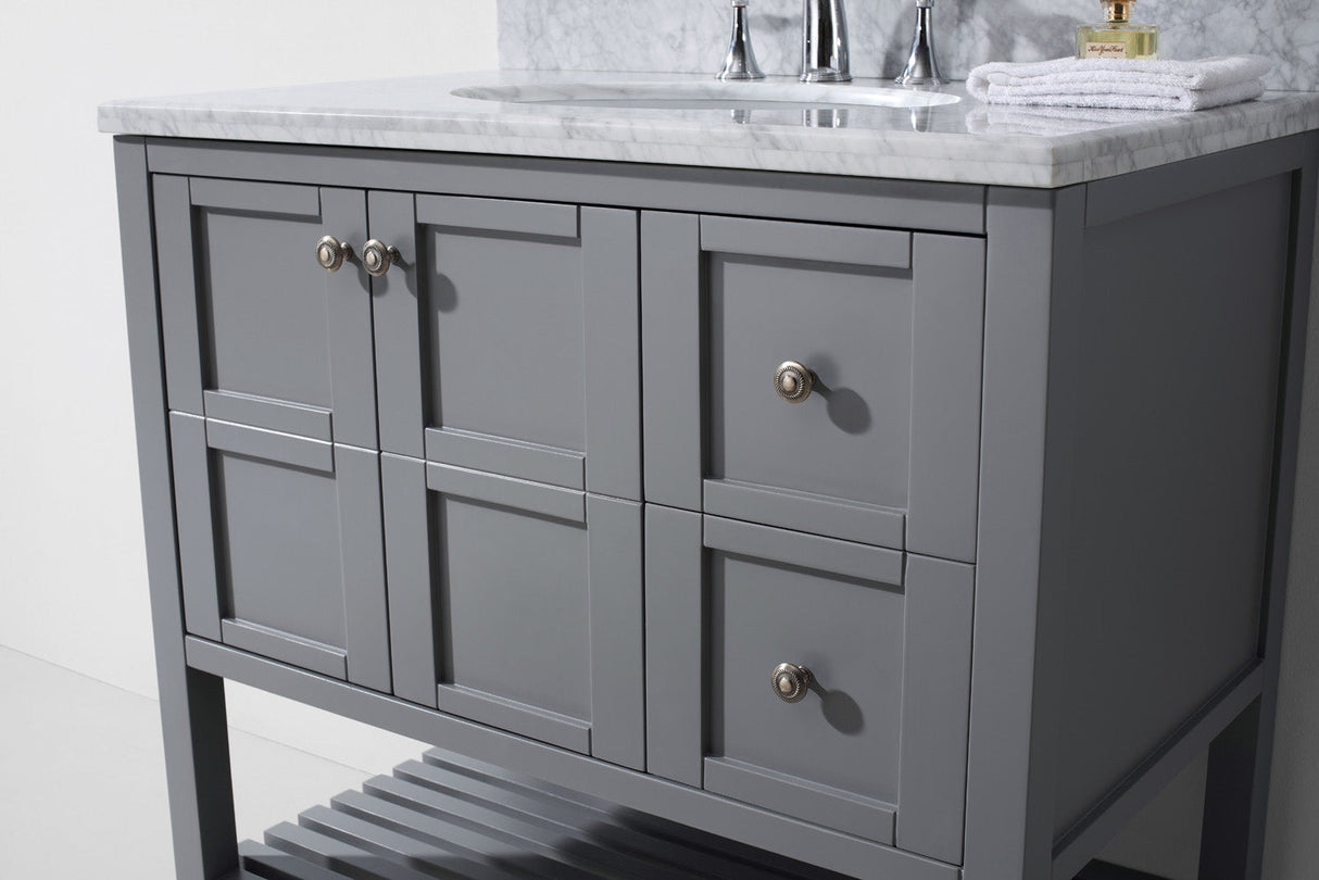 Virtu USA Winterfell 36" Single Bath Vanity with White Marble Top and Round Sink with Matching Mirror