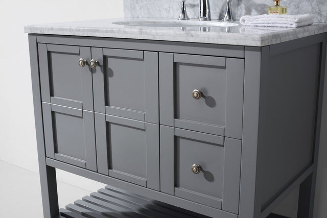 Virtu USA Winterfell 36" Single Bath Vanity with White Marble Top and Round Sink with Matching Mirror