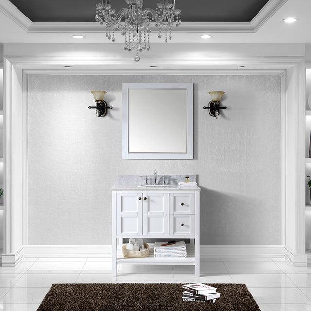 Virtu USA Winterfell 36" Single Bath Vanity with White Marble Top and Round Sink with Matching Mirror