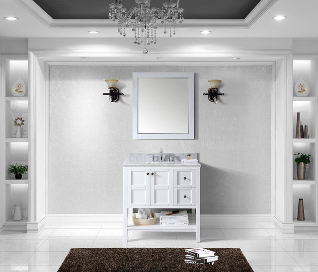 Virtu USA Winterfell 36" Single Bath Vanity with White Marble Top and Round Sink with Matching Mirror