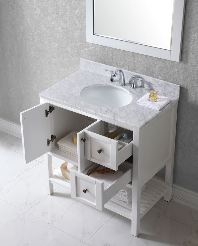 Virtu USA Winterfell 36" Single Bath Vanity with White Marble Top and Round Sink with Matching Mirror