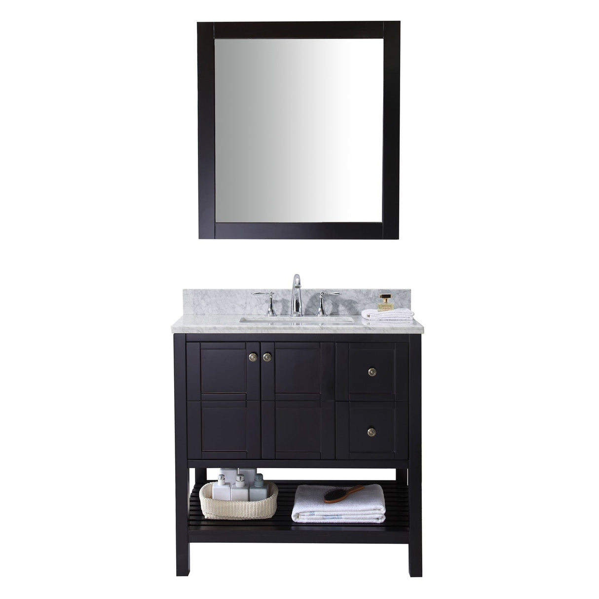 Virtu USA Winterfell 36" Single Bath Vanity in Espresso with Marble Top and Square Sink with Brushed Nickel Faucet and Mirror - Luxe Bathroom Vanities Luxury Bathroom Fixtures Bathroom Furniture