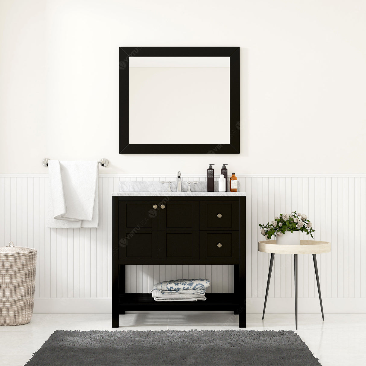 Virtu USA Winterfell 36" Single Bath Vanity with White Marble Top and Square Sink with Polished Chrome Faucet with Matching Mirror