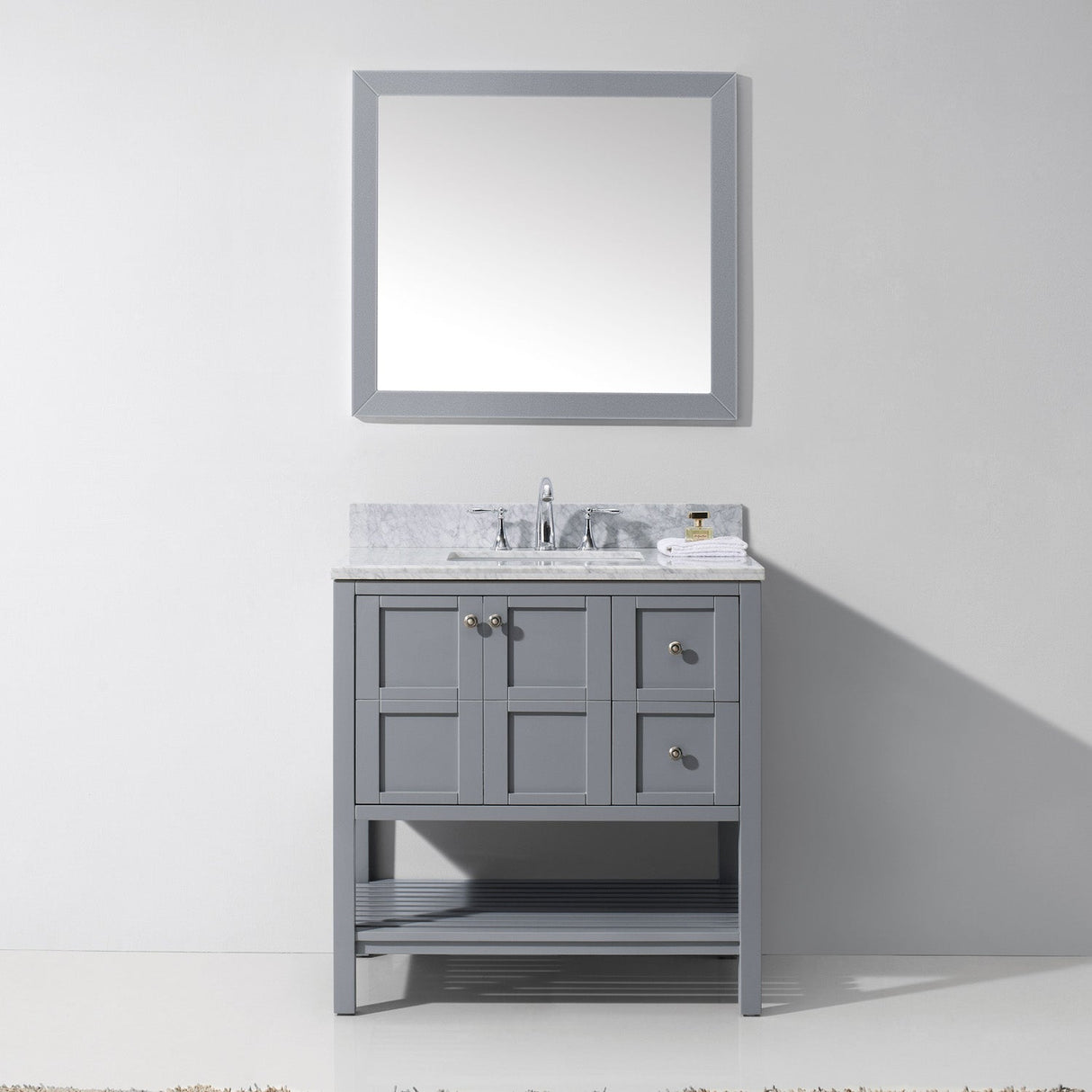 Virtu USA Winterfell 36" Single Bath Vanity with White Marble Top and Square Sink with Brushed Nickel Faucet with Matching Mirror